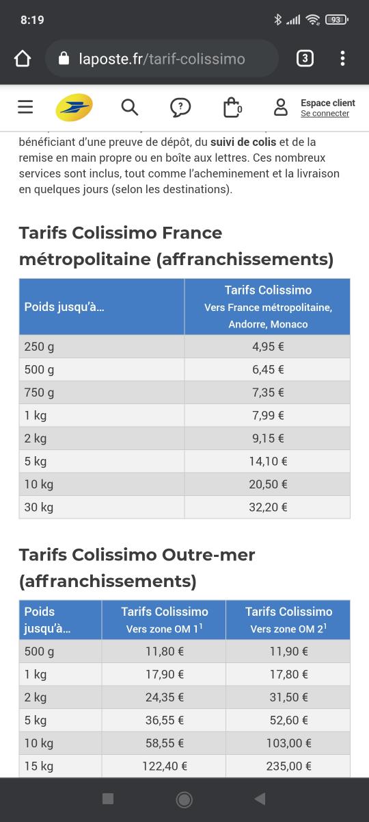 Capture d'écran des tarifs colissimo